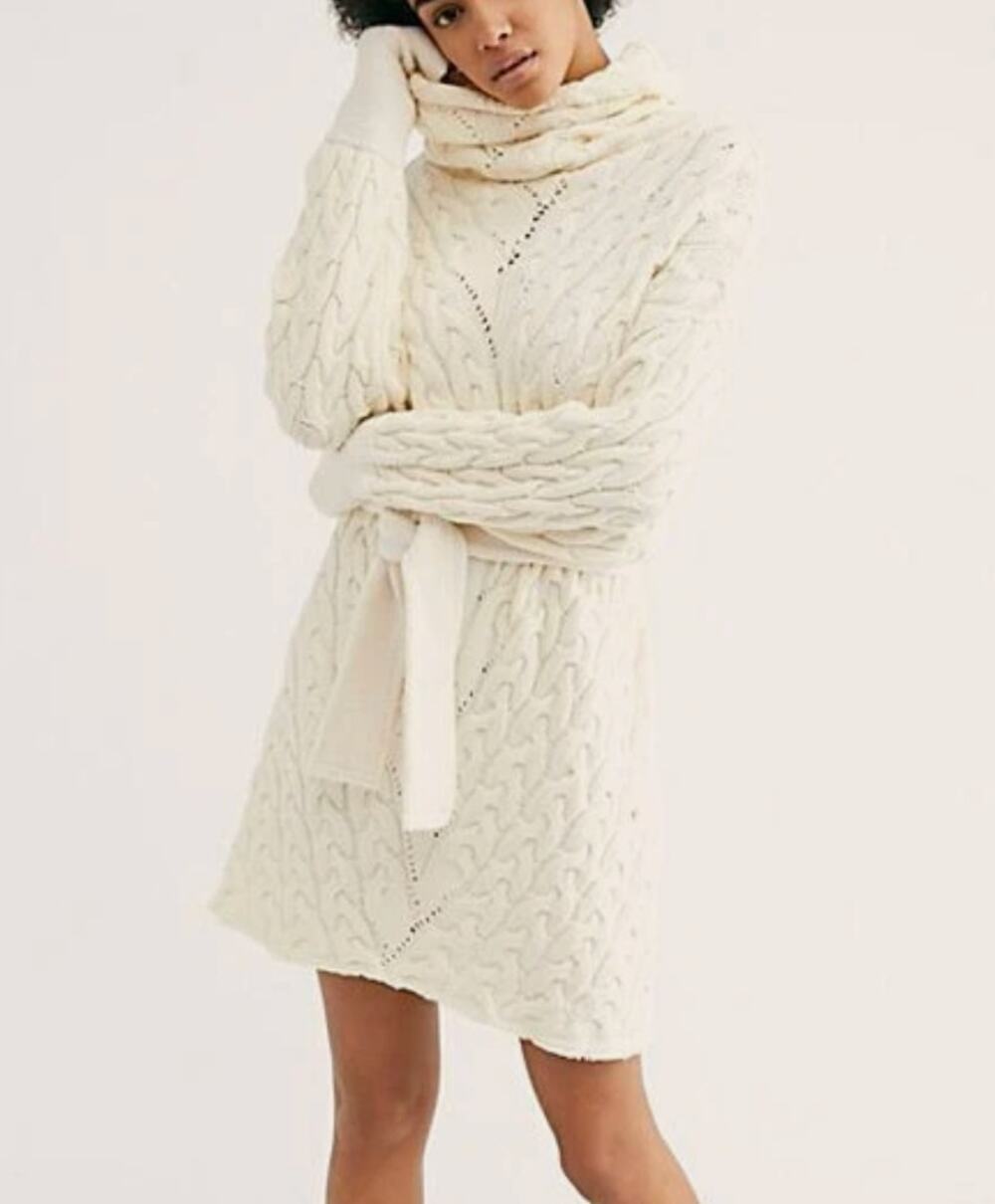 Free People For the Love of Cables Cowl Neck Sweater Dress Womens S Cream *Read